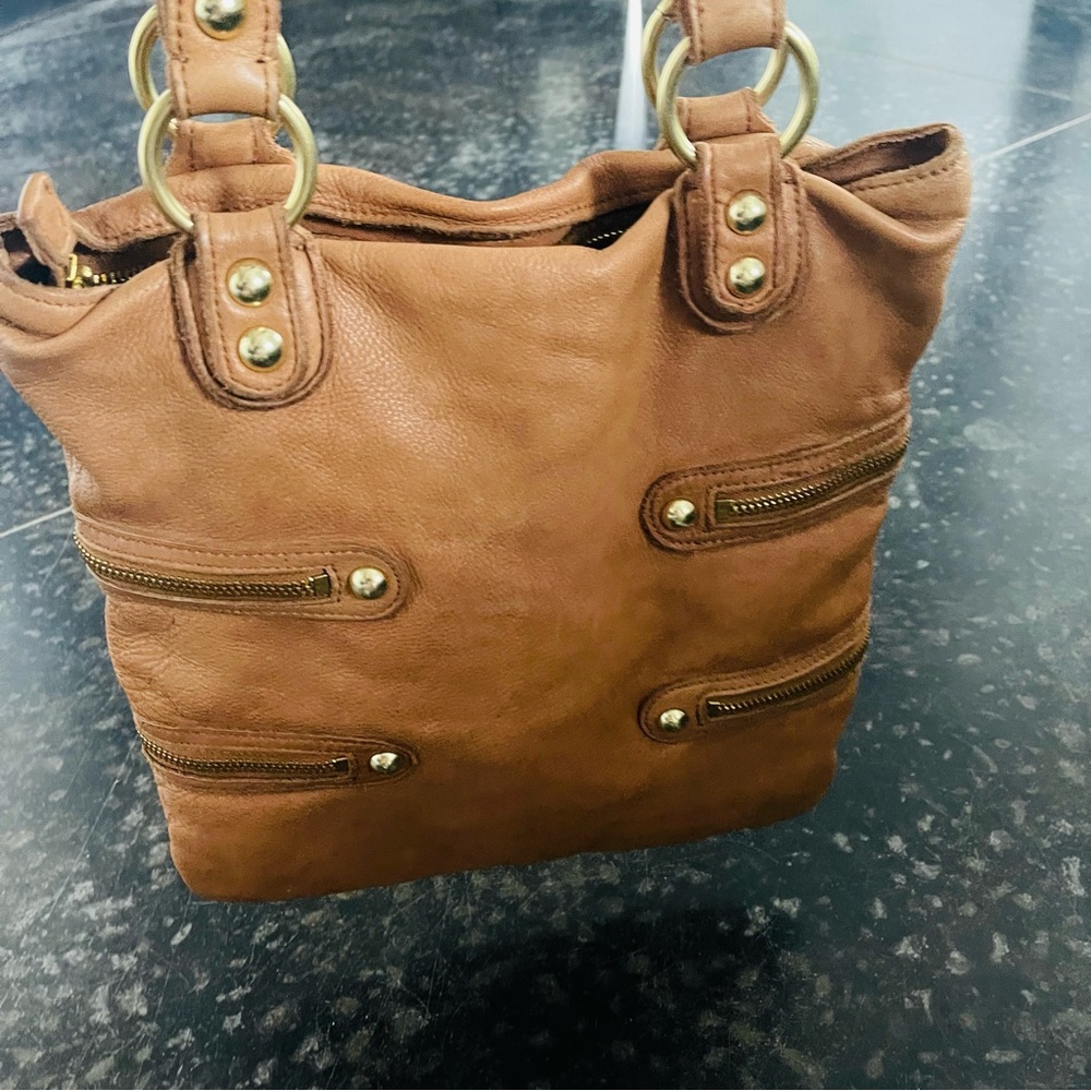 Linea Pelle Brown Leather Shoulder Bag with Gold Accents - Picture 2 of 11